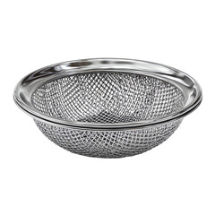 3D Kitchen Sieve PNG &ndash; Flat Metallic Mesh Strainer, Isolated Transparent Background on White Background