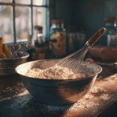Vegan baking scene, mixing bowl, whisk, oat flour, banana, warm kitchen light, wholesome mood 