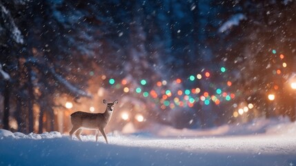 Deer walks through snowy landscape with colorful lights at night