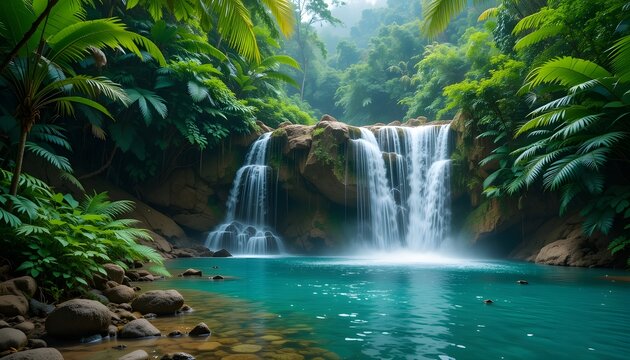 Crystal-clear waterfall in tropical jungle, vibrant greens, mist effect.”
