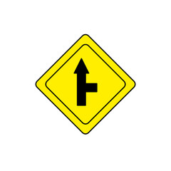Vector illustration of a traffic sign indicating a side road entering ahead from the right. Typically used to warn drivers of upcoming intersections, requiring attention and speed adjustment