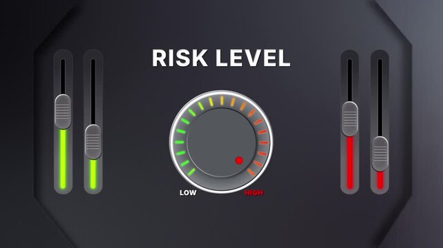 Animation of Risk level on a circular gauge moving from low to high and back. Can be used to show increase or decrease. Perfect for safety, business, or awareness content.