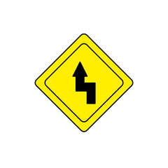 Vector flat design of a yellow diamond-shaped traffic warning sign with a left turn arrow, indicating a sharp curve ahead