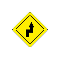 Yellow diamond-shaped traffic sign indicating a reverse turn to the right ahead. Used to alert drivers of a sharp and sudden double curve or bend in the road