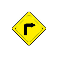 Vector illustration of a traffic warning sign indicating a sharp right turn ahead. This sign is used to warn drivers to slow down and prepare for a sharp directional change on the roadway