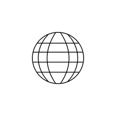Simple black line art icon of a globe, representing the internet, global connectivity, or worldwide communication. Ideal for web design, technology interfaces, and digital marketing visuals