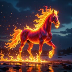 Dynamic fiery horse walking on water with glowing mane and hooves under a dramatic night sky