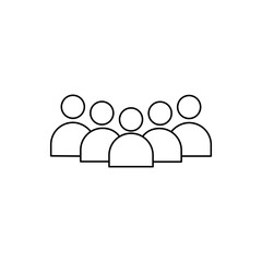 Simple black line art icon representing a group of people or community. Useful for business, social media, teams, user accounts, or communication-related platforms. Clean, modern design on white backg