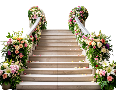 Elegant Spiral Staircase Decorated with Lush Flowers Isolated on Transparent Background