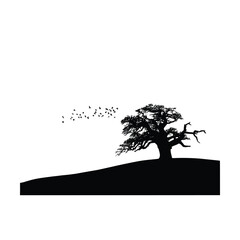 Adobe Illu"Lonely tree silhouette on a hill with flying birds in the sky, minimalist black and white landscape design"strator Artwork