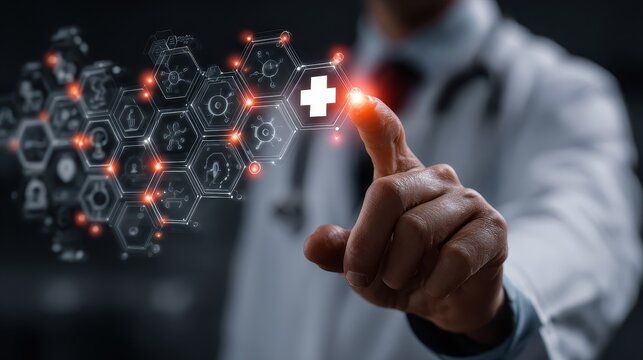 Doctor's touchscreen interface for healthcare technology shows medical data and digital health symbols