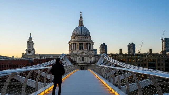 A lone figure stands on the millennium bridge, gazing towards the iconic st pauls cathedral at sunset, with the london cityscape stretching out behind