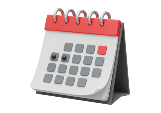 Isolated Close-Up of a 3D Rendered Desk Calendar with Red Header and Silver Rings, Featuring Gray Date 