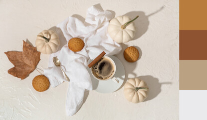 Cup of tasty pumpkin coffee with autumn decorations and cookies on grunge white background