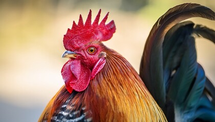 a striking rooster with visible comb and wattles displaying vibrant feathers in natural light