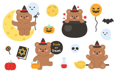 Halloween Bear Characters with Cauldron Moon and Spooky Elements