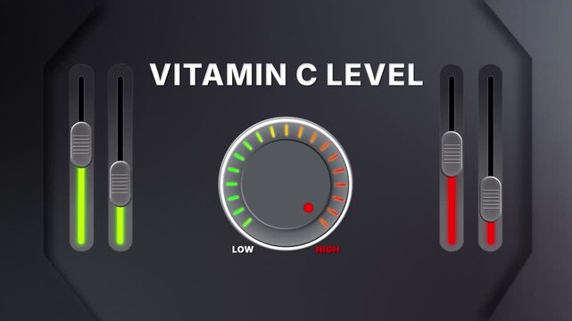 Animation of Vitamin C level on a circular gauge moving from low to high and back. Can be used to show increase or decrease. Perfect for health, wellness, or nutrition visuals.