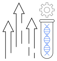 DNA strand inside test tube alongside upward arrows and gearwheel indicating growth, innovation, research, development, science, experimentation, and technology. Ideal for biotech, healthcare