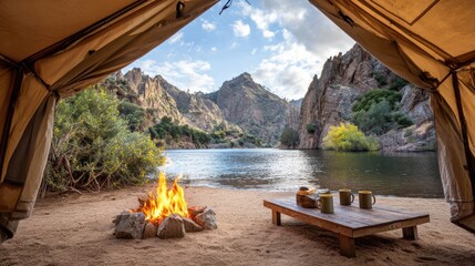 Idyllic view from a tent overlooking a scenic lake with a cozy campfire