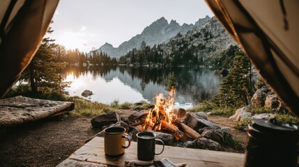 Campfire near lake, mountains, as seen from tent; mugs on table, rustic nature scene