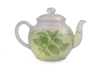 Fototapeta premium Glass teapot steeping vibrant mint leaves, releasing aromatic herbal essence against translucent backdrop