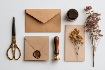 Crafting a letter with vintage materials and floral accents on a clean workspace