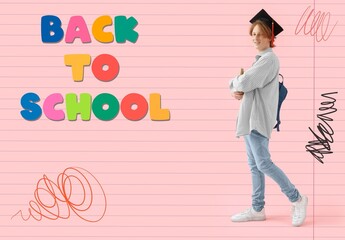 Banner with male student in graduation hat and with text BACK TO SCHOOL on pink background