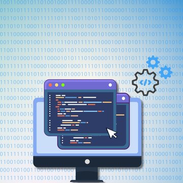 Programming Concept with Code Windows and Binary Background

