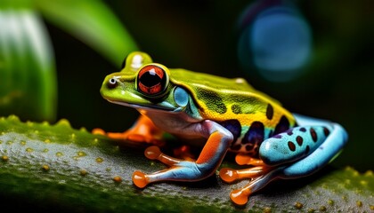 Naklejka premium close up of colorful frog with detailed eye in lush green environment
