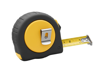Isolated Measuring Tape with Visible Increments, Metallic Hook, and Belt Clip Design on a White Backdrop