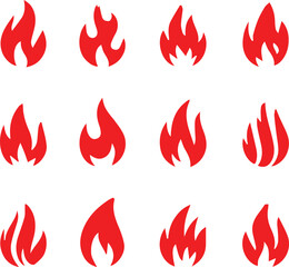 Fire flames collection isolated on black background, movement of fire flames