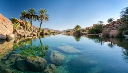 serene oasis landscape clear water reflecting palm trees and rocks