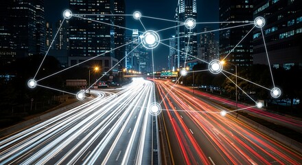 Abstract network connections overlay on a busy city highway at night with light trails technology