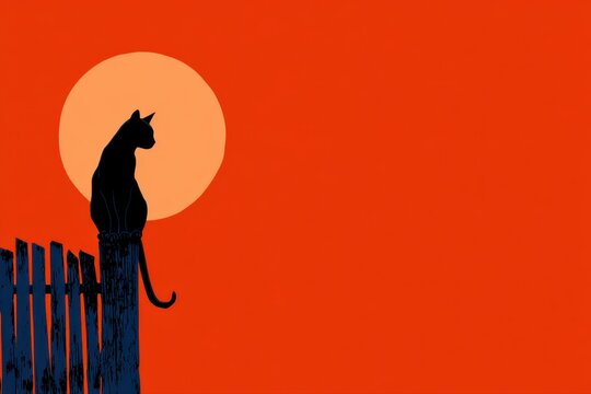 A black cat perched on a fence under the full moon, creating a spooky and mysterious atmosphere.