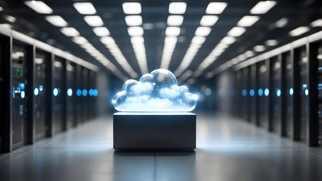 Cloud computing technology concept with digital cloud icons in modern data center server room
