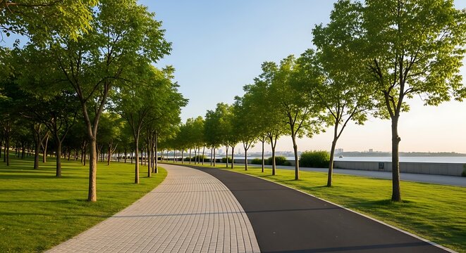 Curved pathway lined with green trees and manicured lawn beside a calm body of water park pathway walking path