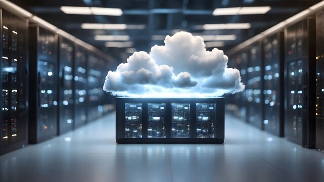 Cloud computing technology concept with digital cloud icons in modern data center server room
