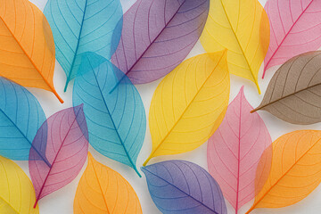 Fototapeta premium A collection of translucent skeleton leaves in vibrant shades of blue, orange, yellow, pink, purple, and brown, arranged over a light background. The fine vein structure of each leaf is visible