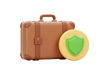 Isolated 3D Rendering of Brown Suitcase with Handle, Secured by Shield, Signifying Travel Protection, Insurance, and Safety on Transparent Background