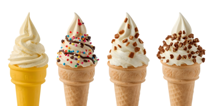 Ice Cream Cone Delight: A vibrant array of ice cream cones in a row, each one a unique masterpiece of flavors and textures, capturing the pure joy of a sweet.