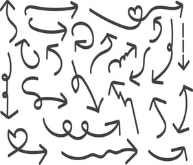 Hand drawn arrow set vector illustration, doodle style curved and wavy arrows, playful black and white directional icons for navigation, design elements, and creative projects