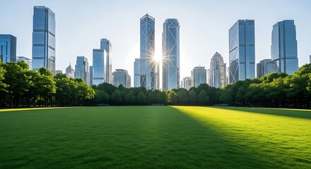 Naklejka premium Lush green lawn with sun flare behind modern glass skyscrapers and trees city park urban landscape