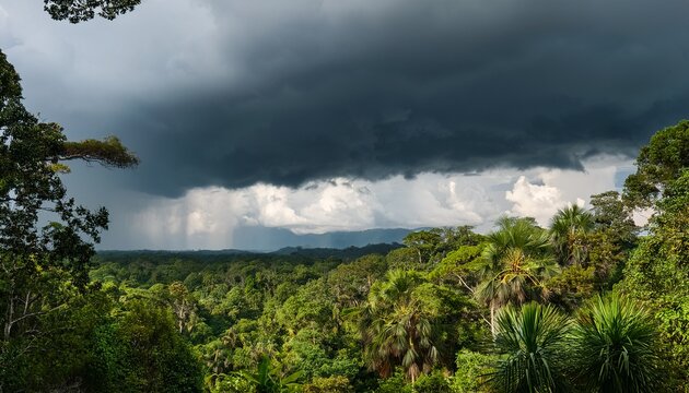 dramatic storm clouds rolling over dense jungle treetops