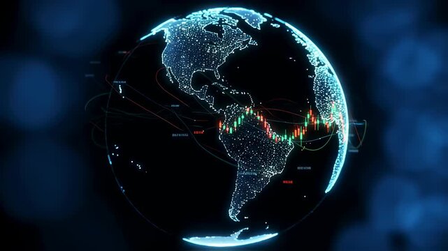 Digital earth globe with candlestick chart showing global stock market trends, financial data analysis, world economy concept, animation. - Powered by Adobe