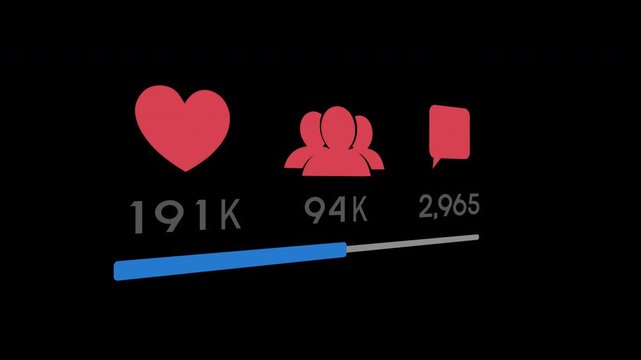 Counters of followers and likes in web. Social media symbols 3D motion graphics on transparent alpha png