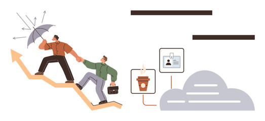 Two individuals climbing an upward arrow, one shielding with an umbrella while helping the other. Documents, coffee cup, and cloud signify progress, support, protection. Ideal for leadership, growth