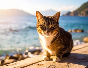 海を背景にした猫