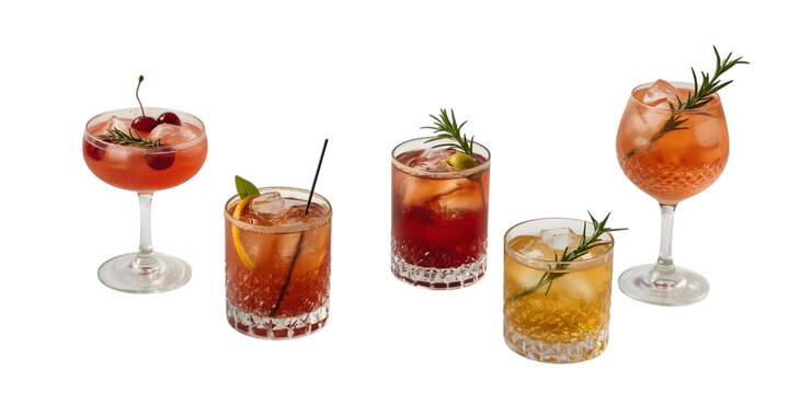 Cocktail Concoctions: An artistic spread showcases a curated selection of sophisticated cocktail, meticulously styled, and vibrantly captured, each garnished with fresh herbs and fruits. 