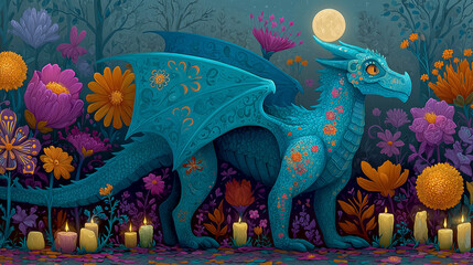 Obraz premium Dragon squelette d’Halloween inspiré du Día de los Muertos aux motifs calavera colorés