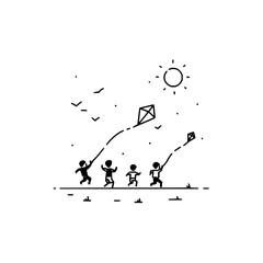 Illustration showing four children running and flying kites under the sun with birds in the sky outdoors